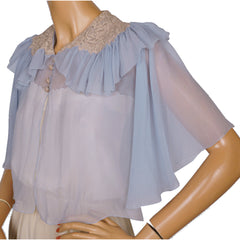 Vintage 1930s Bed Jacket Blue Silk Chiffon w Lace Trim Ethereal S M - Poppy's Vintage Clothing