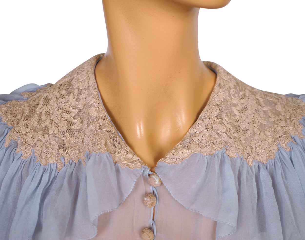 Vintage 1930s Bed Jacket Blue Silk Chiffon w Lace Trim Ethereal S M - Poppy's Vintage Clothing