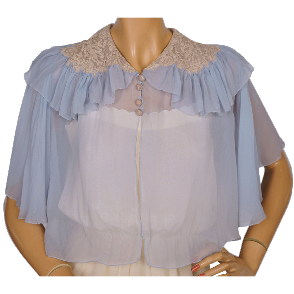 Vintage 1930s Bed Jacket Blue Silk Chiffon w Lace Trim Ethereal S M - Poppy's Vintage Clothing