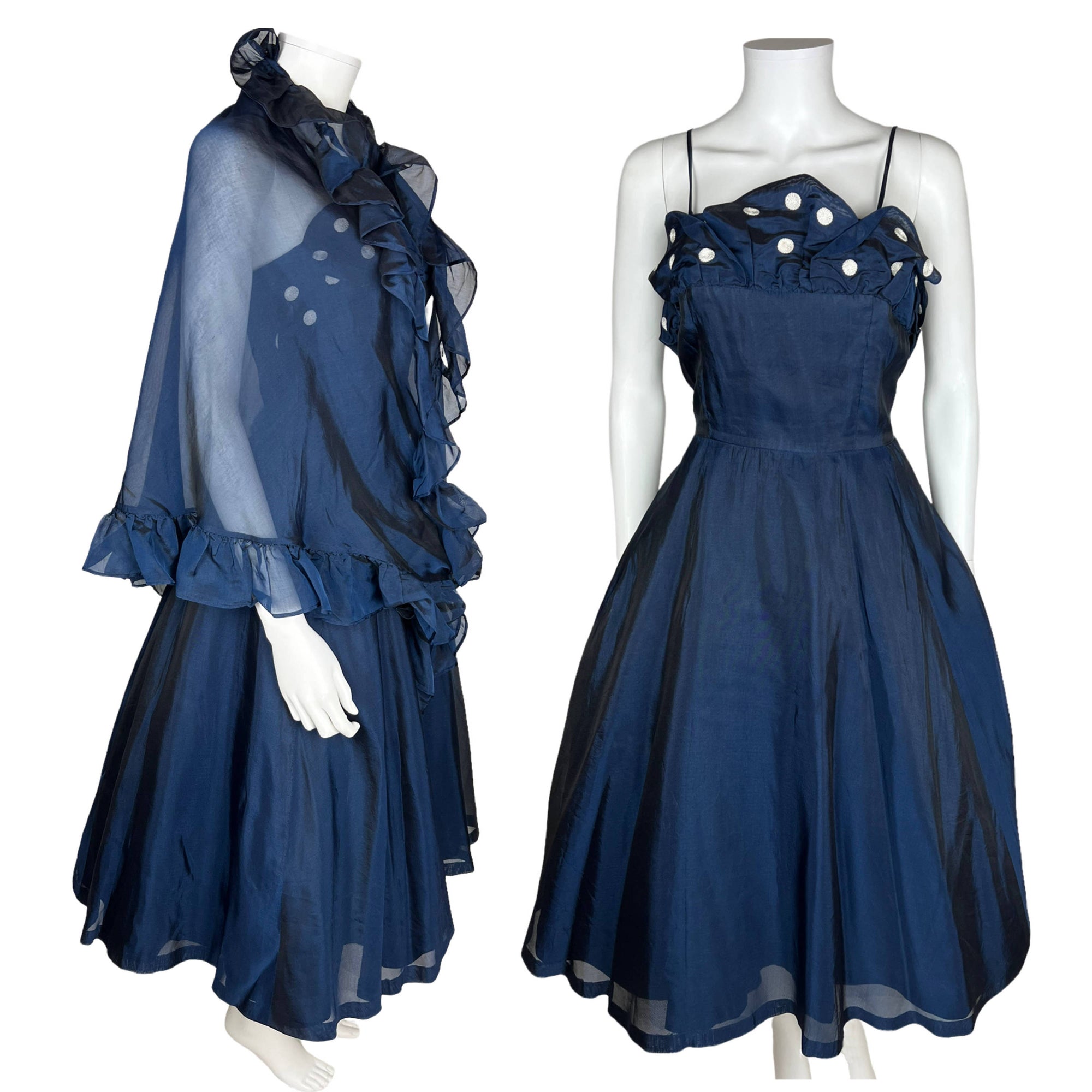 Vintage 50s Party Dress w Spaghetti Straps and Organza Shawl