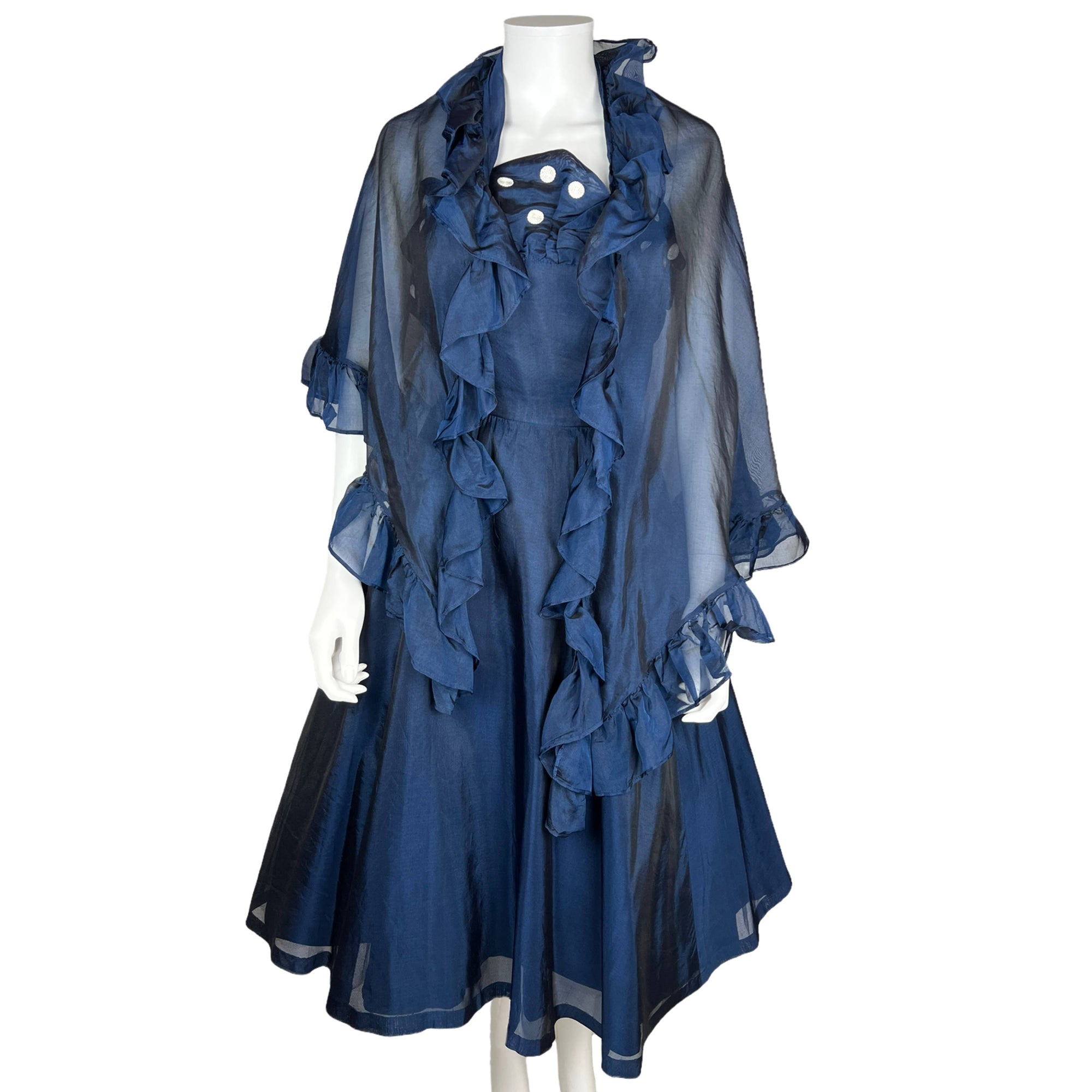 Vintage 50s Party Dress w Spaghetti Straps and Organza Shawl