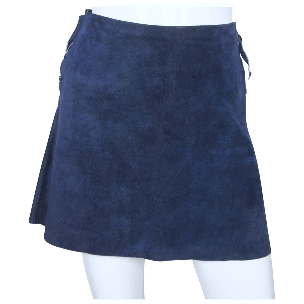 Vintage 60s Micro Mini Skirt Blue Suede Leather Lace Up Sz M - Poppy's Vintage Clothing