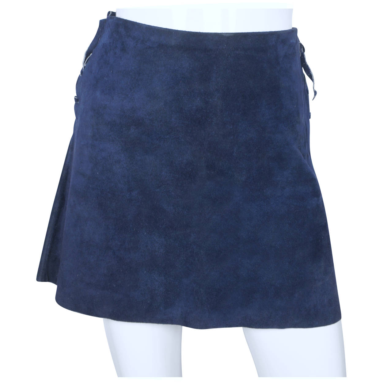 Vintage 60s Micro Mini Skirt Blue Suede Leather Lace Up Sz M - Poppy's Vintage Clothing