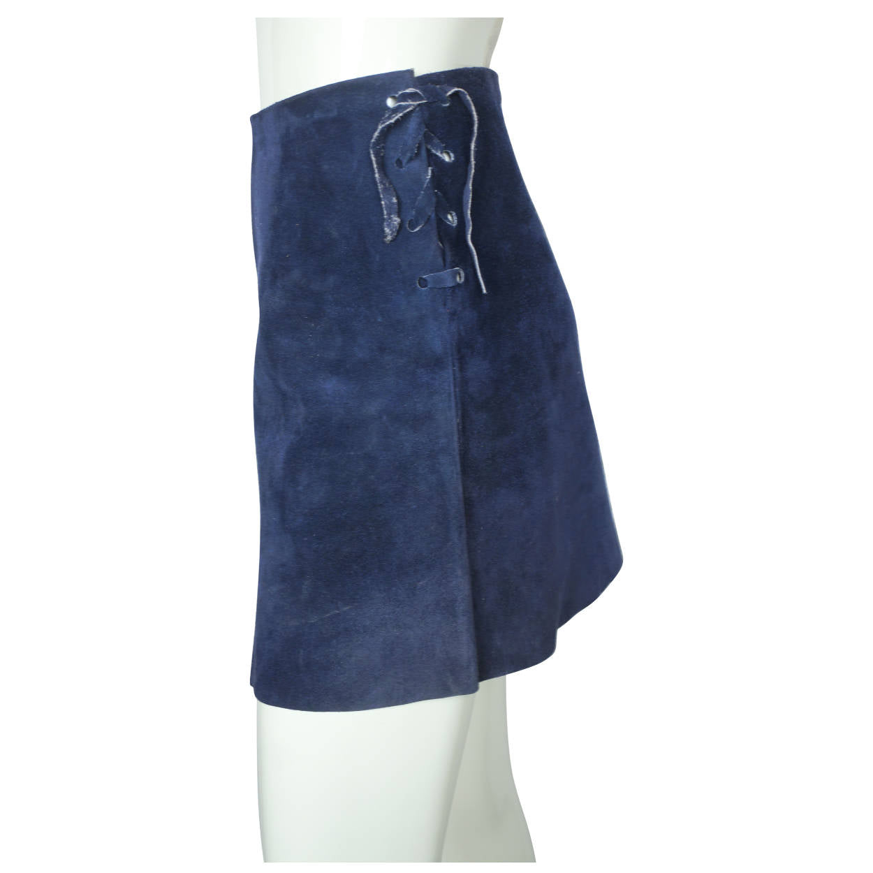 Vintage 60s Micro Mini Skirt Blue Suede Leather Lace Up Sz M - Poppy's Vintage Clothing