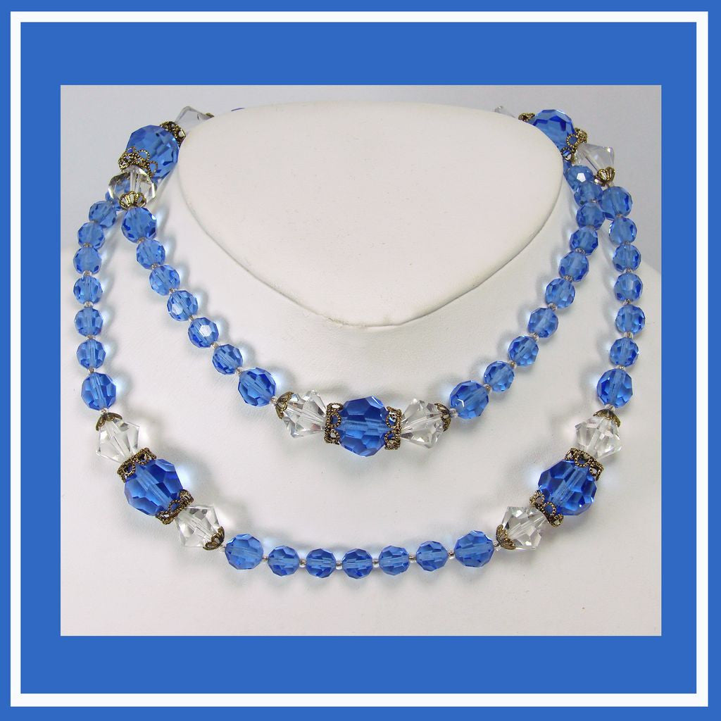 Vintage Crystal Strand Necklace Faceted Beads Blue & Clear 1950s - Poppy's Vintage Clothing