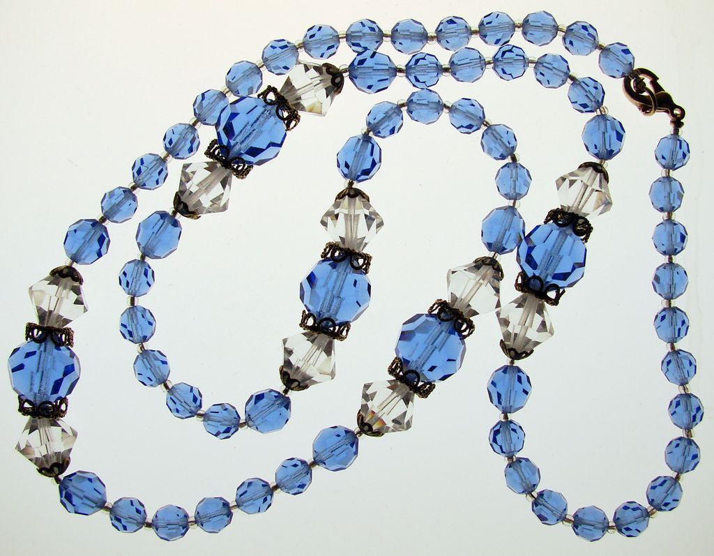 Vintage Crystal Strand Necklace Faceted Beads Blue & Clear 1950s - Poppy's Vintage Clothing