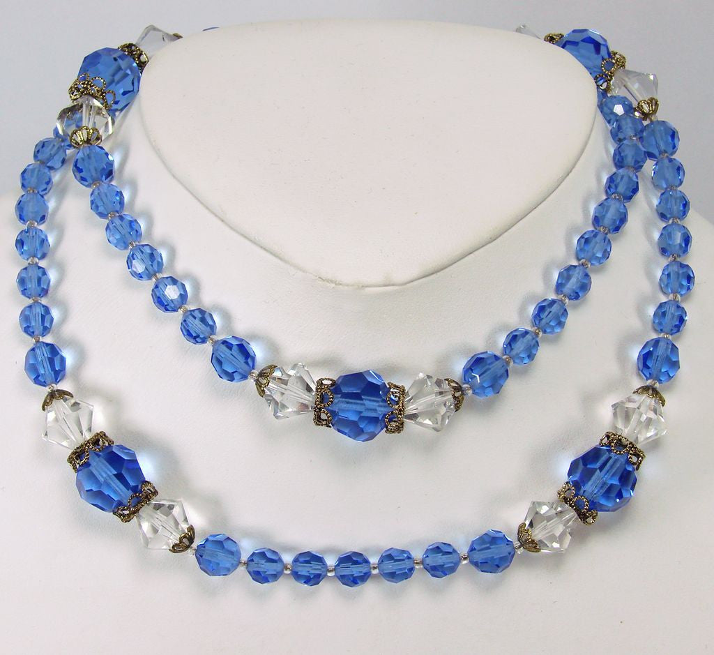 Vintage Crystal Strand Necklace Faceted Beads Blue & Clear 1950s - Poppy's Vintage Clothing