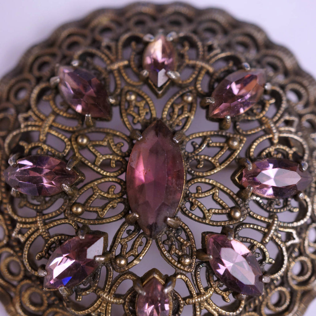 Vintage Bohemian Amethyst Rhinestone Brooch Gablonz Gurtler Work Brass Mount - Poppy's Vintage Clothing