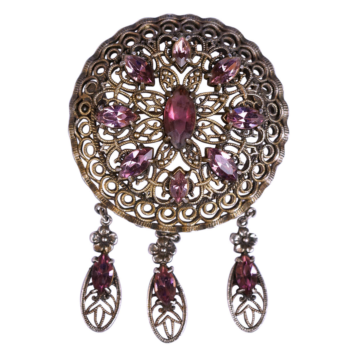 Vintage Bohemian Amethyst Rhinestone Brooch Gablonz Gurtler Work Brass Mount - Poppy's Vintage Clothing