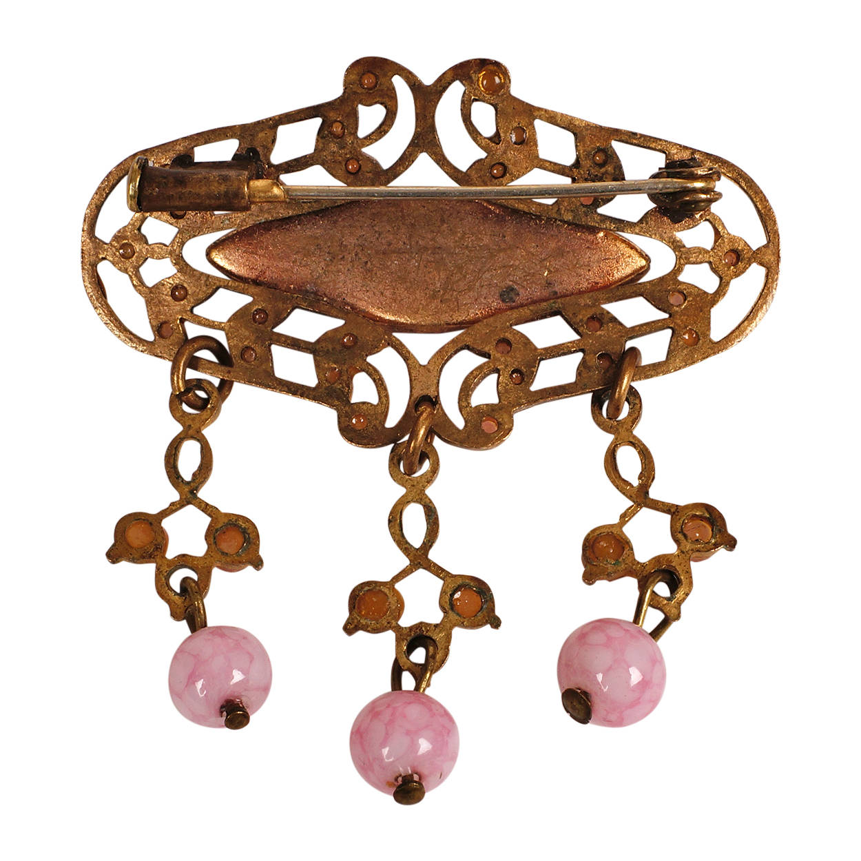 Antique Bohemian Brass Pink Glass Pin Dangle Brooch Gablonz - Poppy's Vintage Clothing