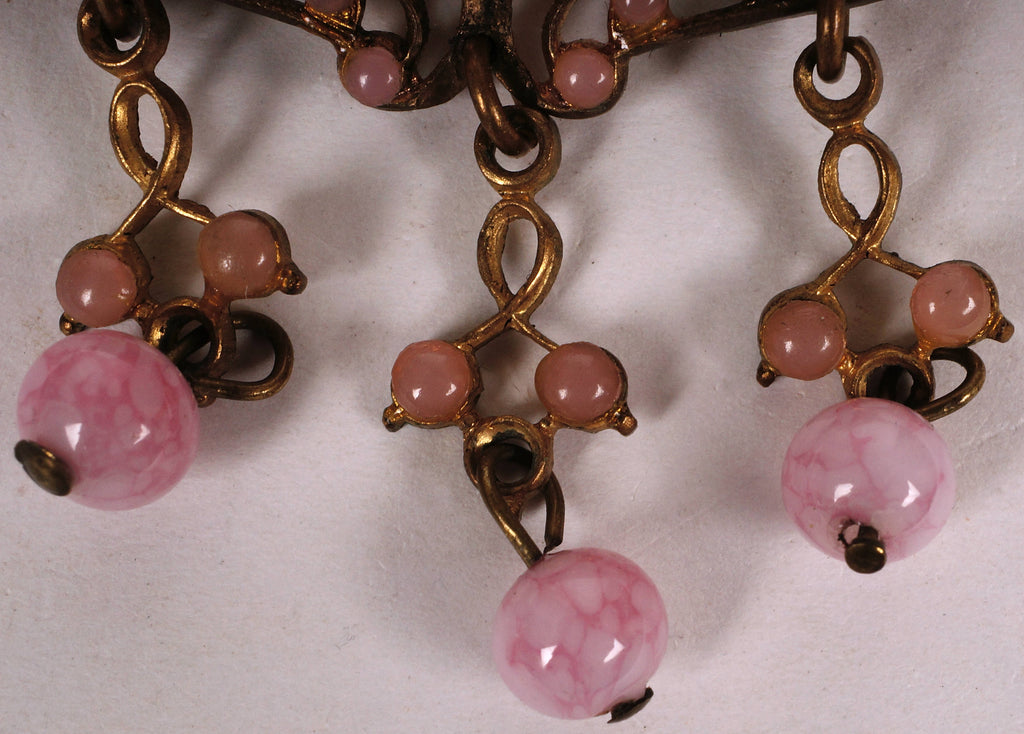 Antique Bohemian Brass Pink Glass Pin Dangle Brooch Gablonz - Poppy's Vintage Clothing