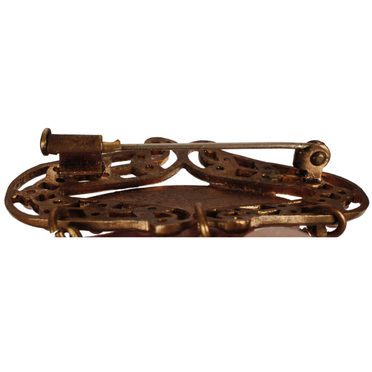 Antique Bohemian Brass Pink Glass Pin Dangle Brooch Gablonz - Poppy's Vintage Clothing