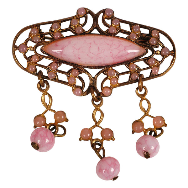 Antique Bohemian Brass Pink Glass Pin Dangle Brooch Gablonz - Poppy's Vintage Clothing