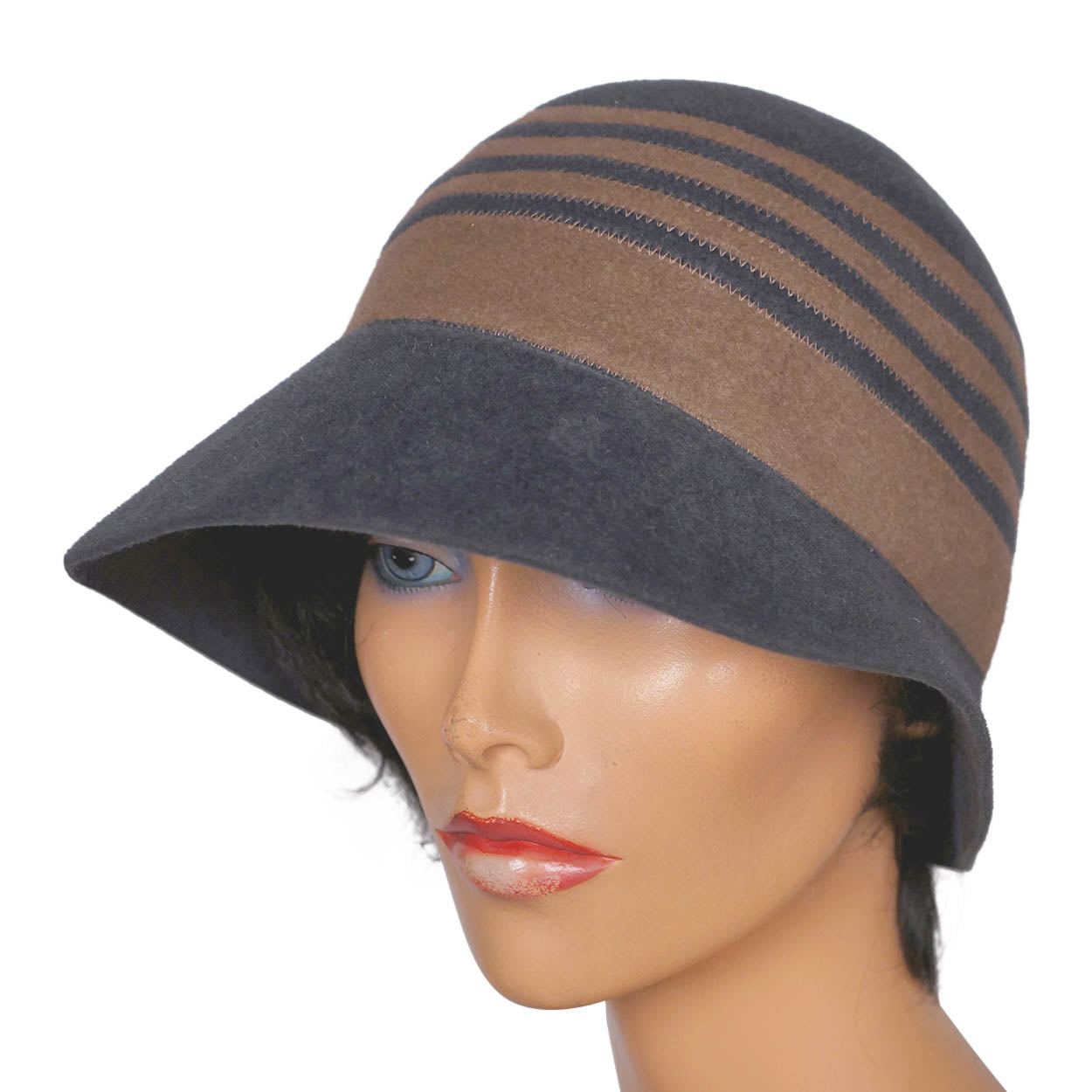 Vintage Borsalino Cloche Hat - Grey with Taupe Stripes Ladies Size 7 - Poppy's Vintage Clothing