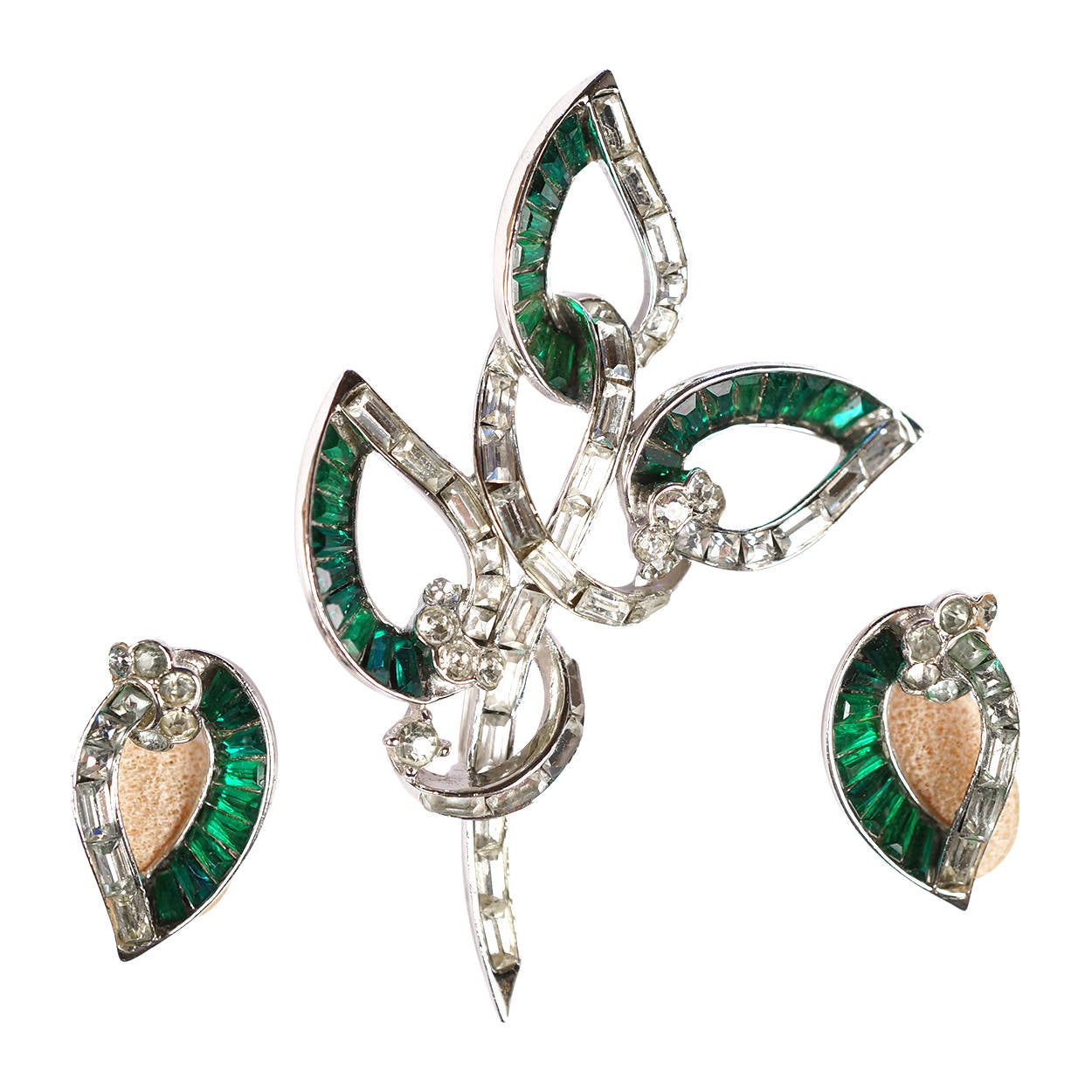 Vintage Marcel Boucher Green Rhinestone Brooch & Earrings Demi Parure - Poppy's Vintage Clothing