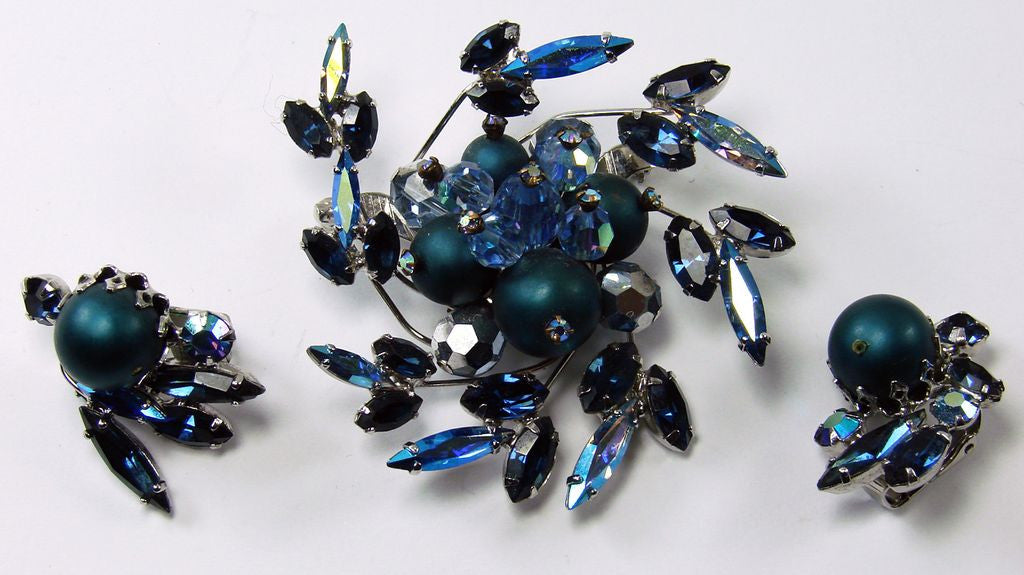 1950s Boucher Blue Brooch & Earrings Set - Poppy's Vintage Clothing