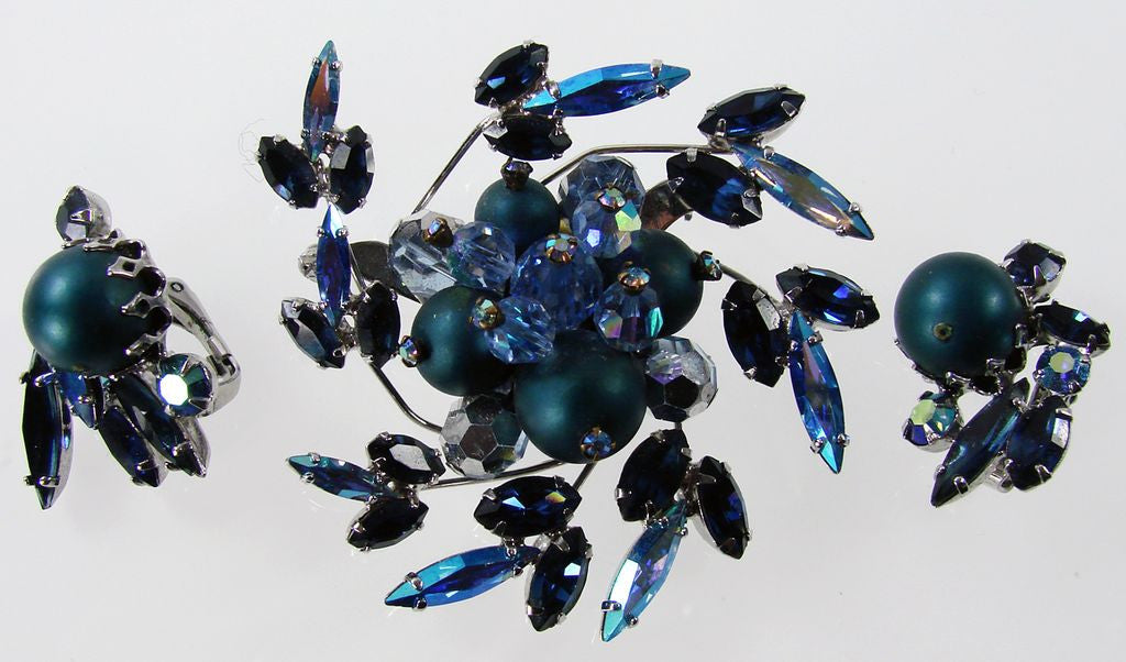 1950s Boucher Blue Brooch & Earrings Set - Poppy's Vintage Clothing