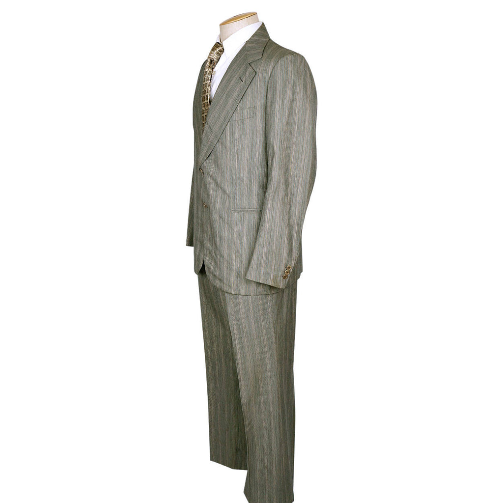 Vintage 70s Brioni Mens Suit Green Pinstripe Italian Tailoring Size M - Poppy's Vintage Clothing