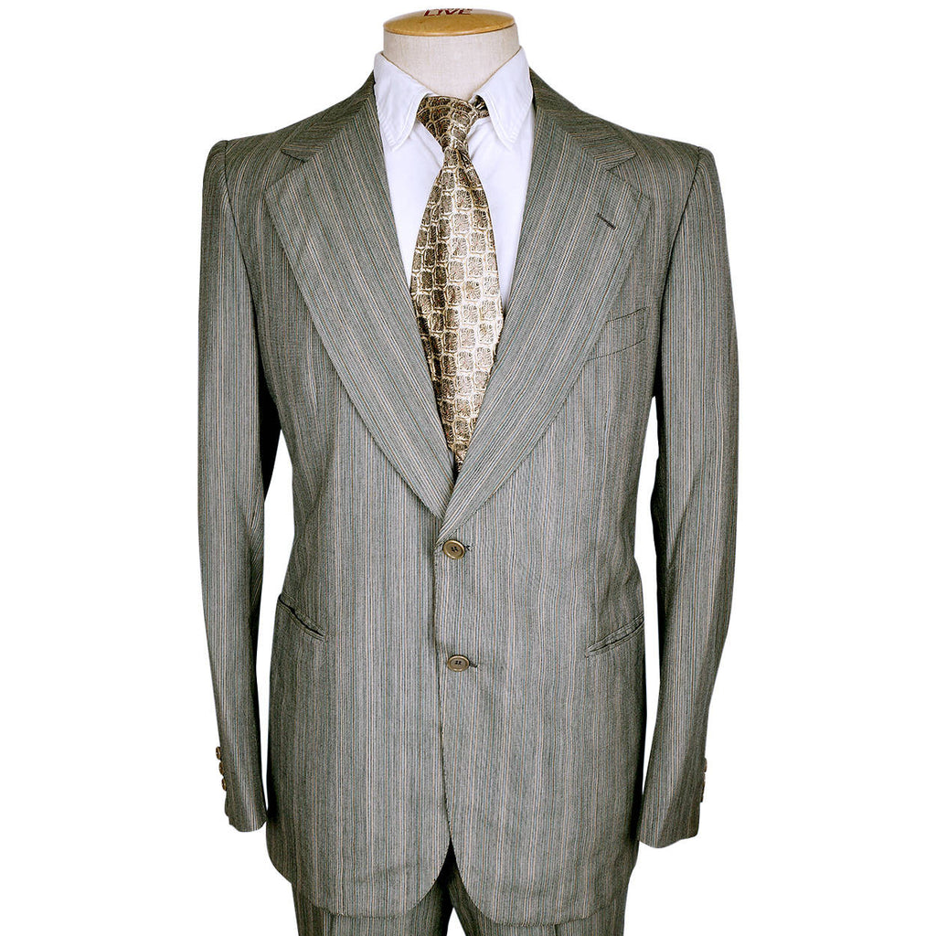 Vintage 70s Brioni Mens Suit Green Pinstripe Italian Tailoring Size M - Poppy's Vintage Clothing