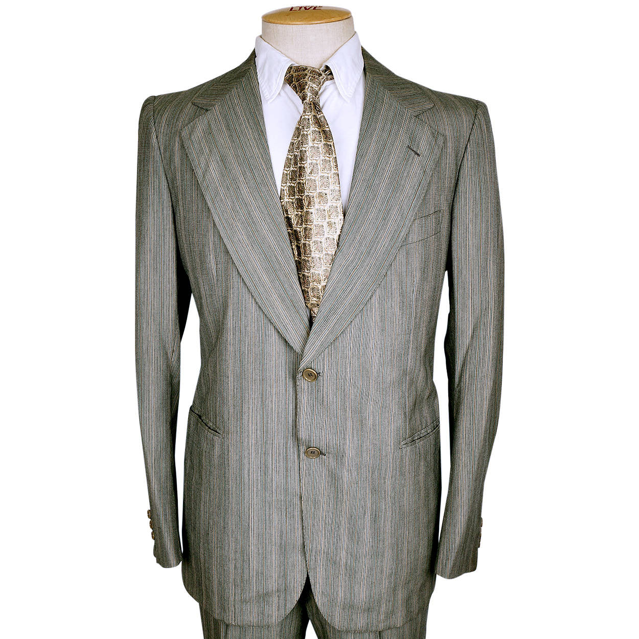 Vintage 70s Brioni Mens Suit Green Pinstripe Italian Tailoring Size M - Poppy's Vintage Clothing