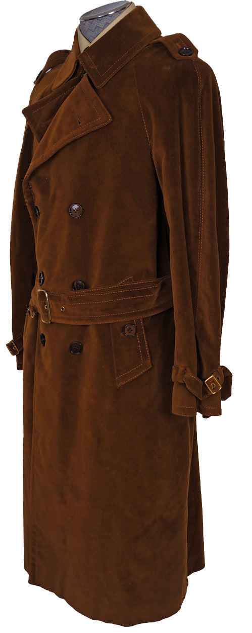 Vintage 70s Mens Mod Trench Coat Brown Velvet L - Poppy's Vintage Clothing