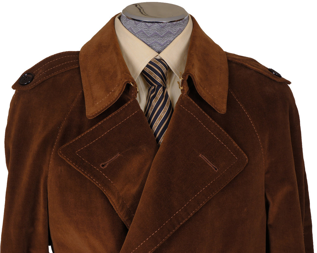 Vintage 70s Mens Mod Trench Coat Brown Velvet L - Poppy's Vintage Clothing