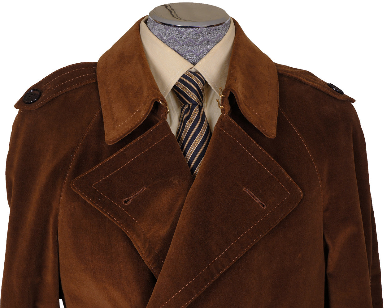 Vintage 70s Mens Mod Trench Coat Brown Velvet L - Poppy's Vintage Clothing