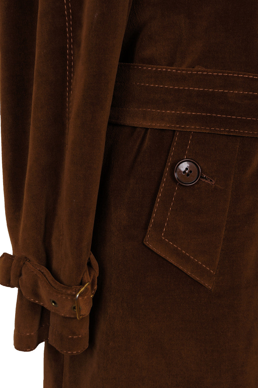 Vintage 70s Mens Mod Trench Coat Brown Velvet L - Poppy's Vintage Clothing