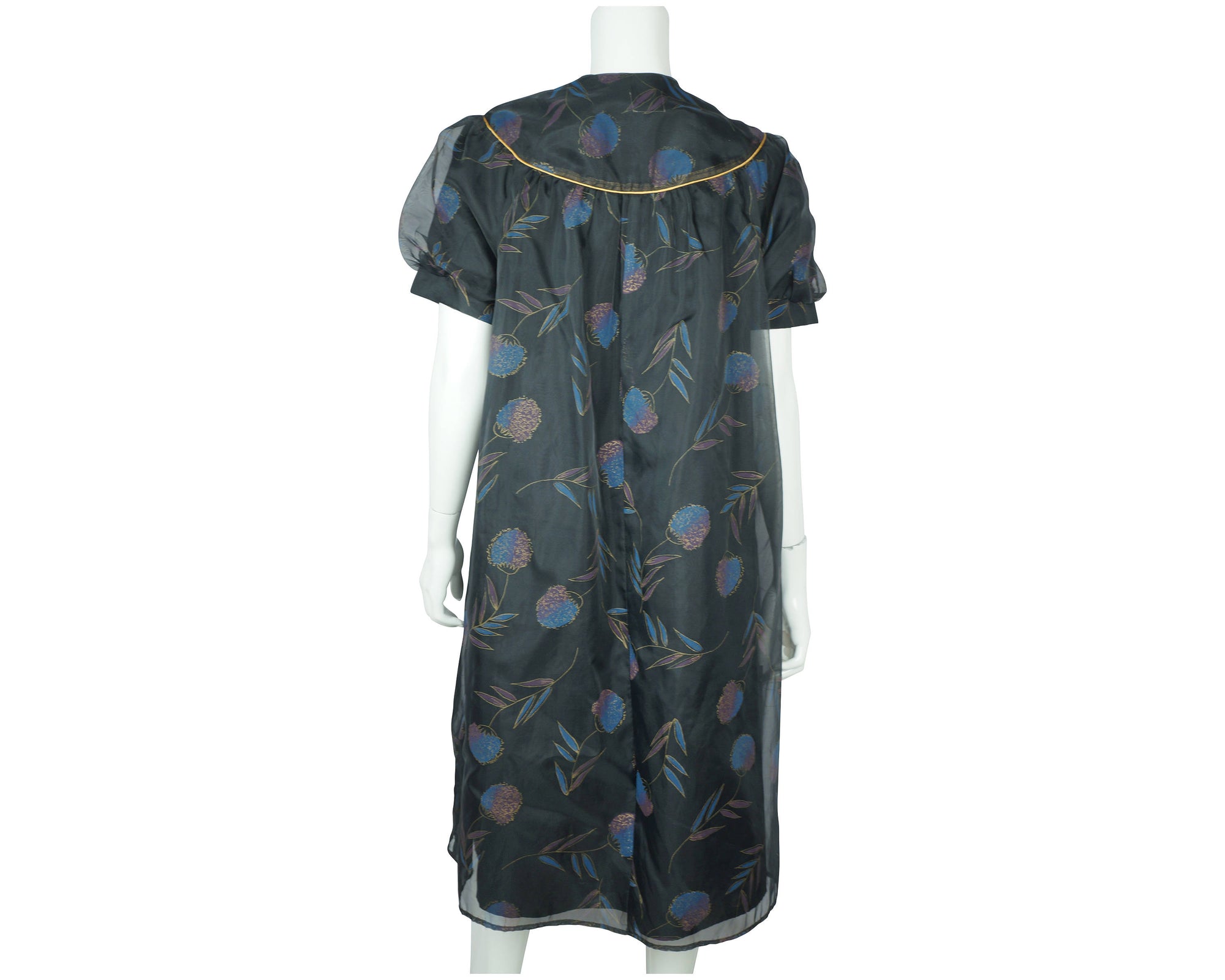 Vintage 1950s Peignoir Robe Black Nylon w Floral Print British Lady Size Large - Poppy's Vintage Clothing