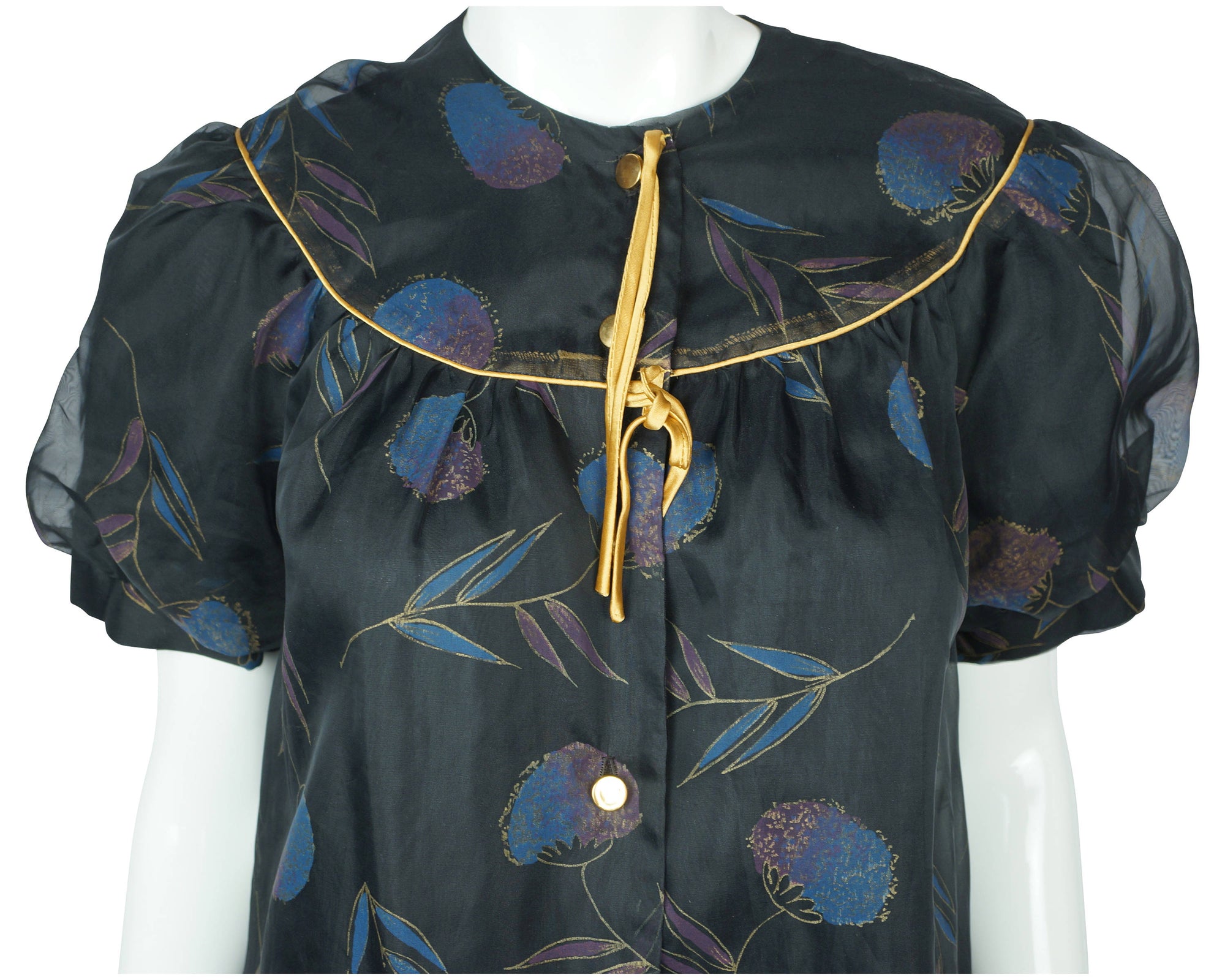 Vintage 1950s Peignoir Robe Black Nylon w Floral Print British Lady Size Large - Poppy's Vintage Clothing