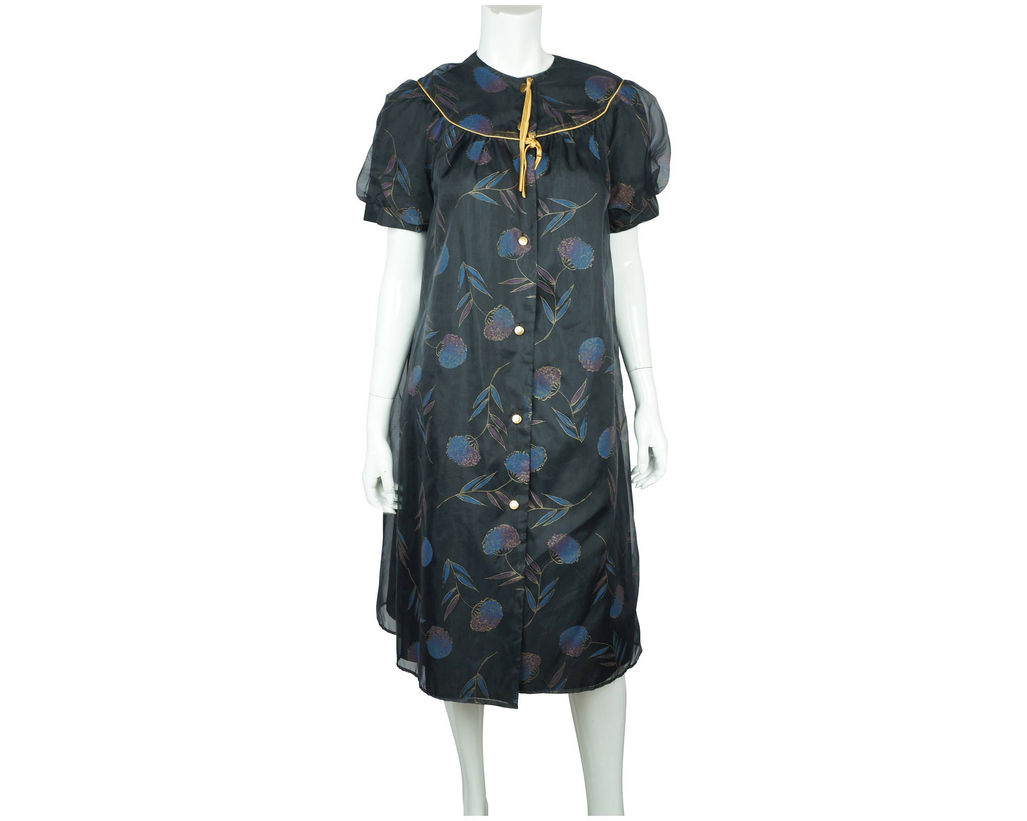 Vintage 1950s Peignoir Robe Black Nylon w Floral Print British Lady Size Large - Poppy's Vintage Clothing