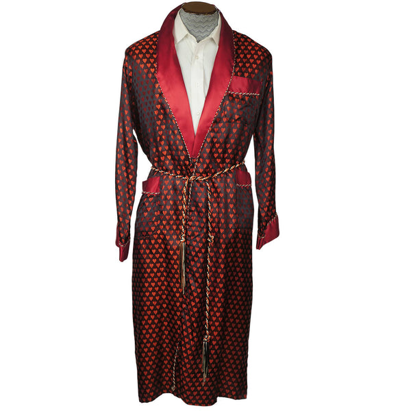 Vintage Mens Dressing Gown Woven Satin Robe with Hearts - Size M - Poppy's Vintage Clothing