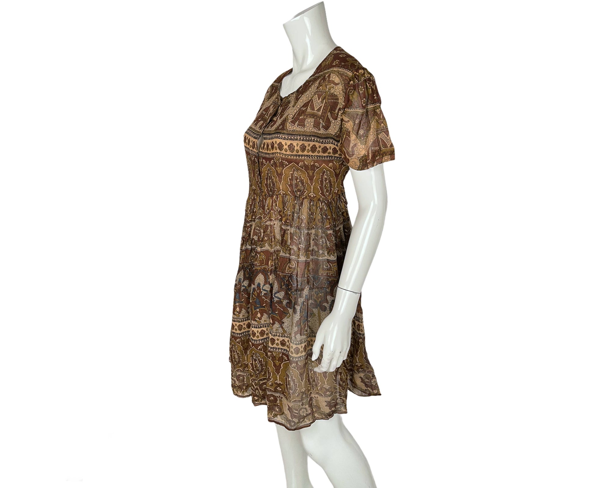 Vintage 1970s Indian Gauze Cotton Dress Elephant Print NOS