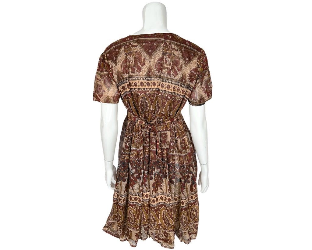Vintage 1970s Indian Gauze Cotton Dress Elephant Print NOS