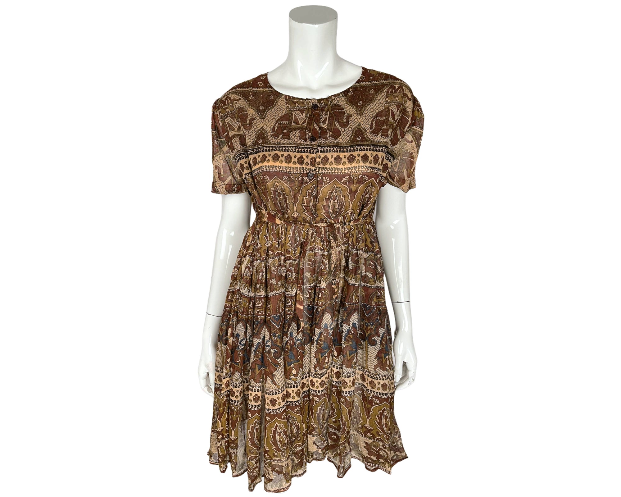 Vintage 1970s Indian Gauze Cotton Dress Elephant Print NOS
