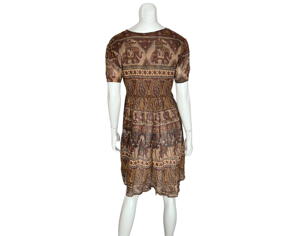 Vintage 1970s Indian Gauze Cotton Dress Elephant Print NOS