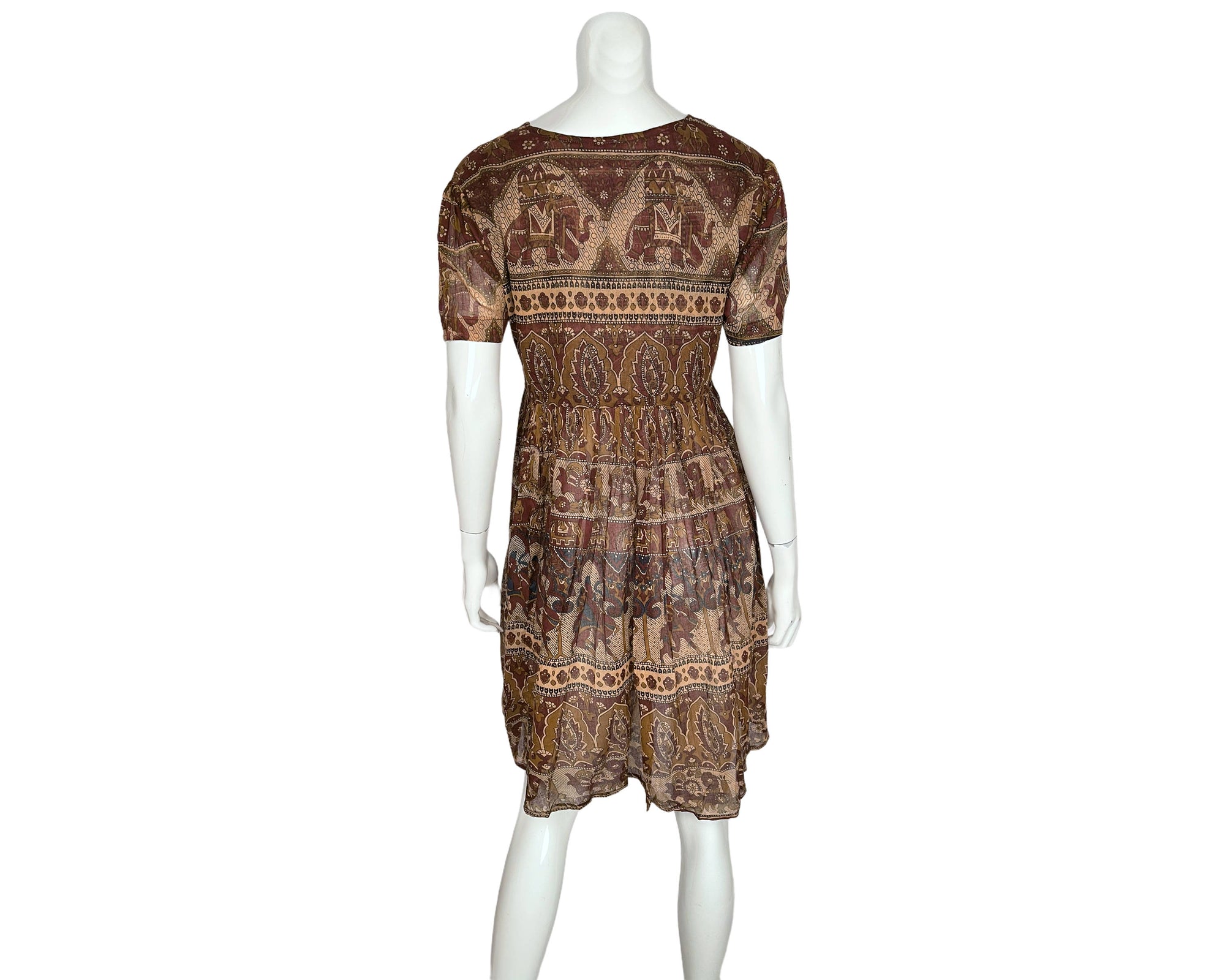 Vintage 1970s Indian Gauze Cotton Dress Elephant Print NOS