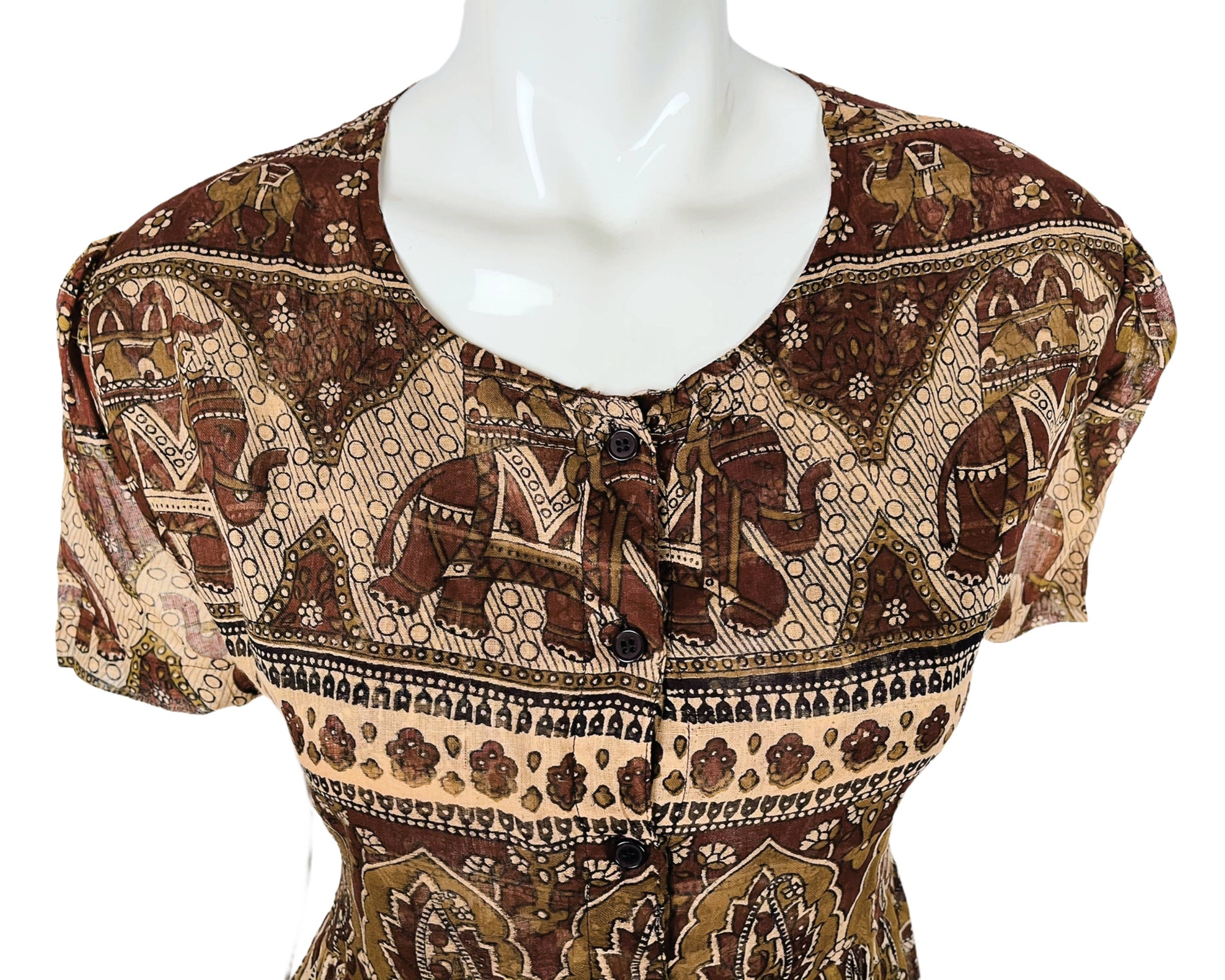 Vintage 1970s Indian Gauze Cotton Dress Elephant Print NOS