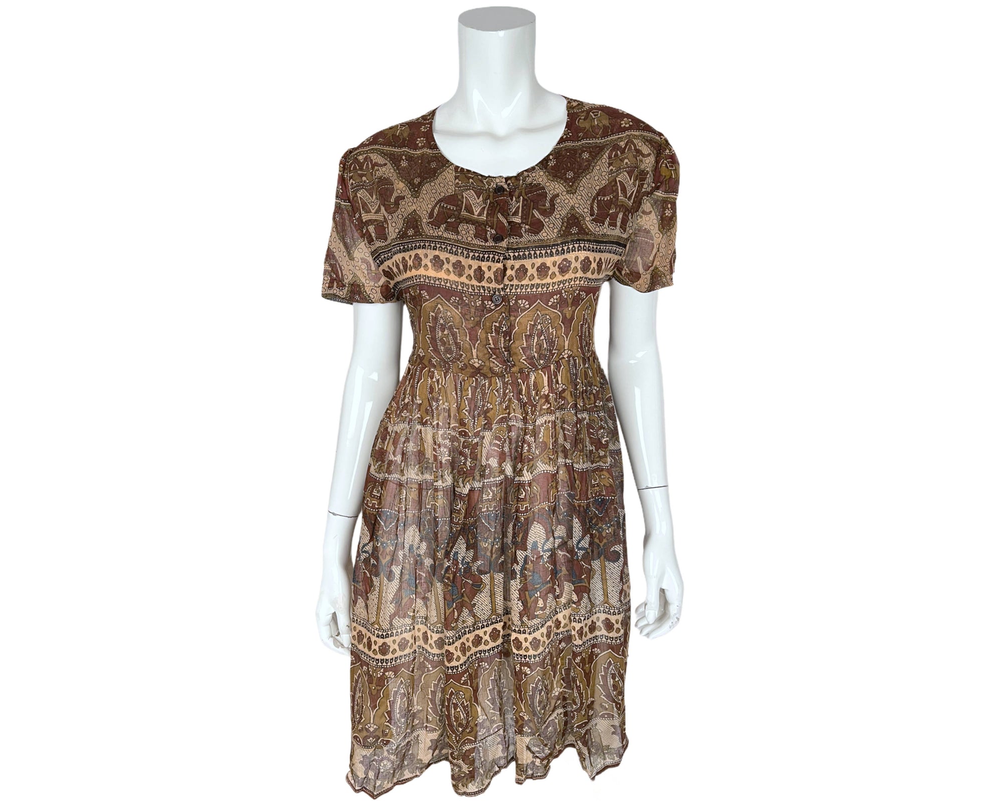 Vintage 1970s Indian Gauze Cotton Dress Elephant Print NOS