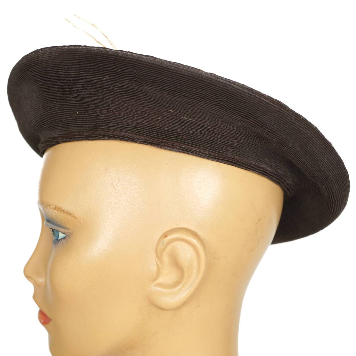 Vintage 1930s 40s Ladies Brown Straw Beret Hat Flore Deschamps Montreal Small - Poppy's Vintage Clothing