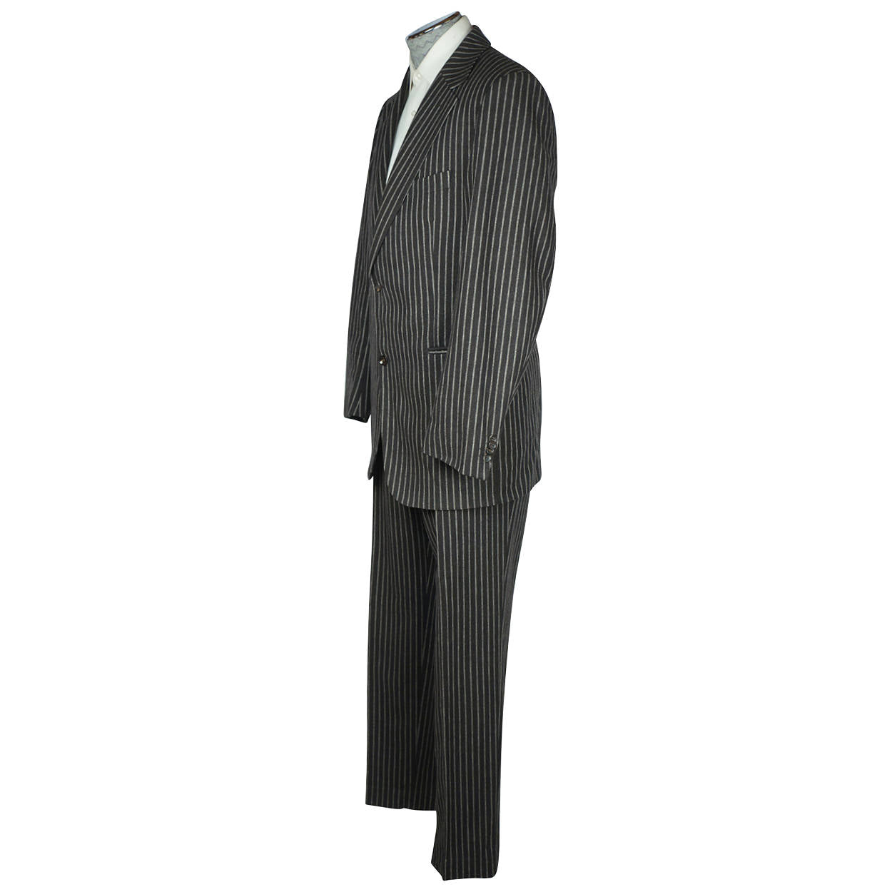 Burberry London Mens Pinstripe Suit Black Wool with Grey Stripes Size 42 Tall - Poppy's Vintage Clothing