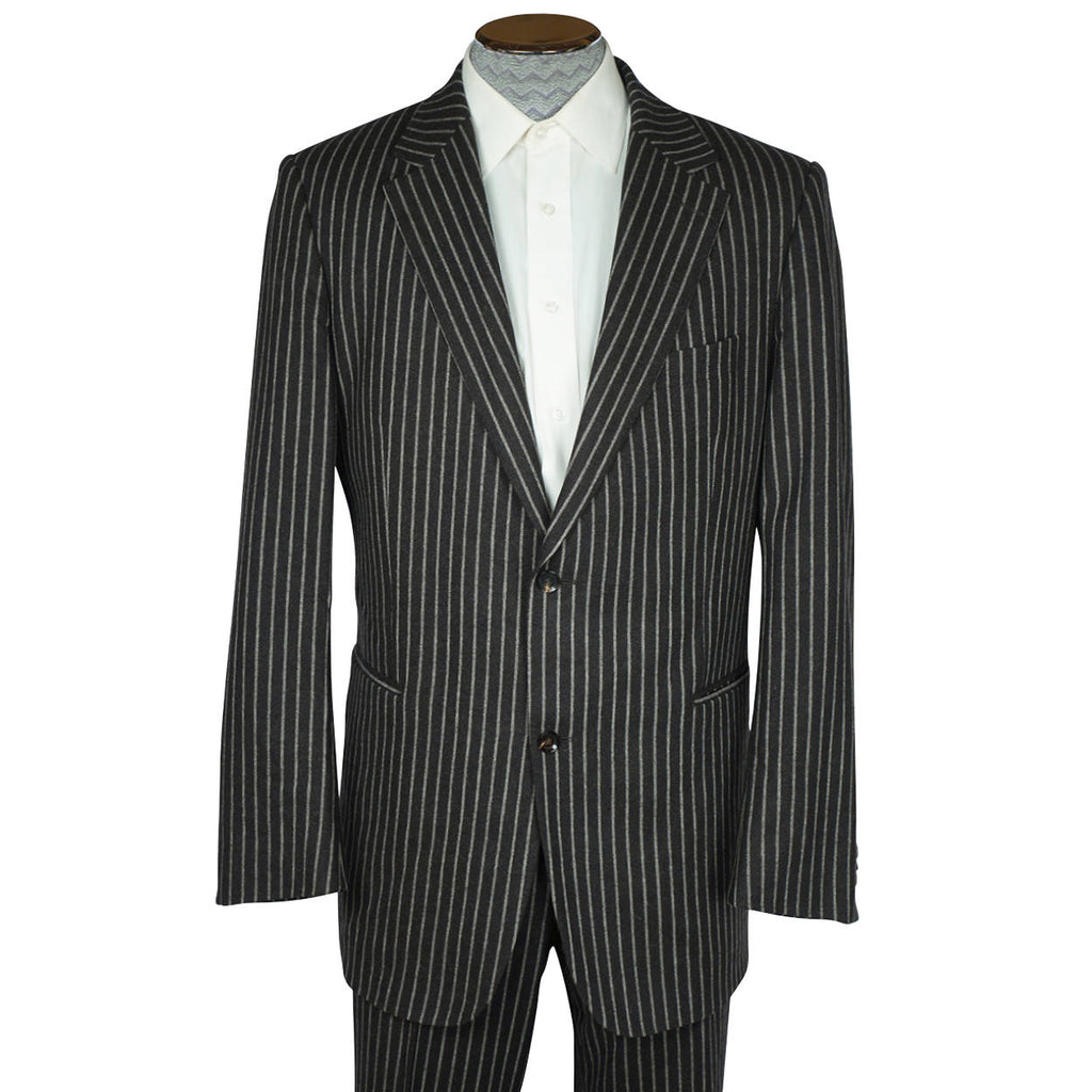 Burberry London Mens Pinstripe Suit Black Wool with Grey Stripes Size 42 Tall - Poppy's Vintage Clothing
