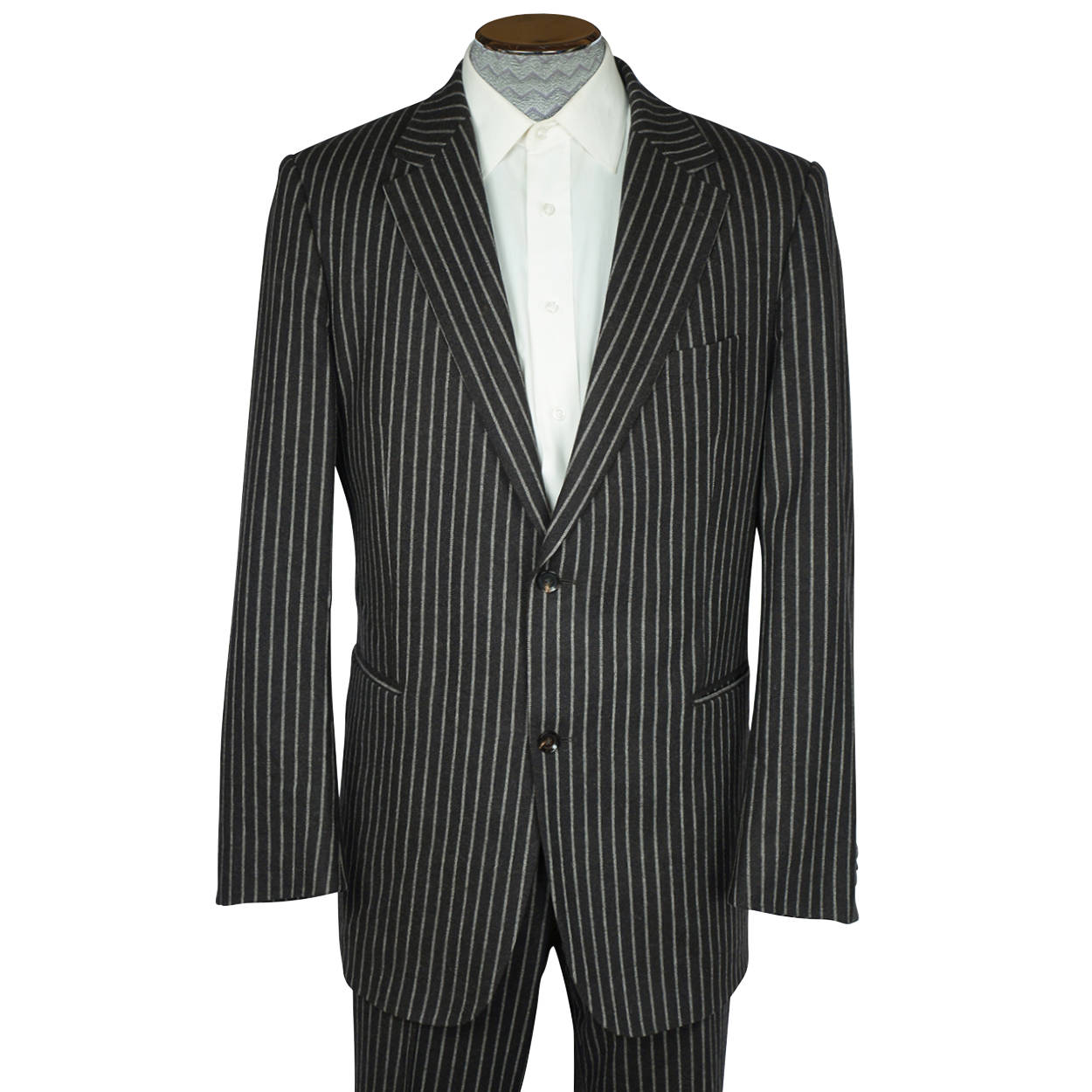 Burberry London Mens Pinstripe Suit Black Wool with Grey Stripes Size 42 Tall - Poppy's Vintage Clothing