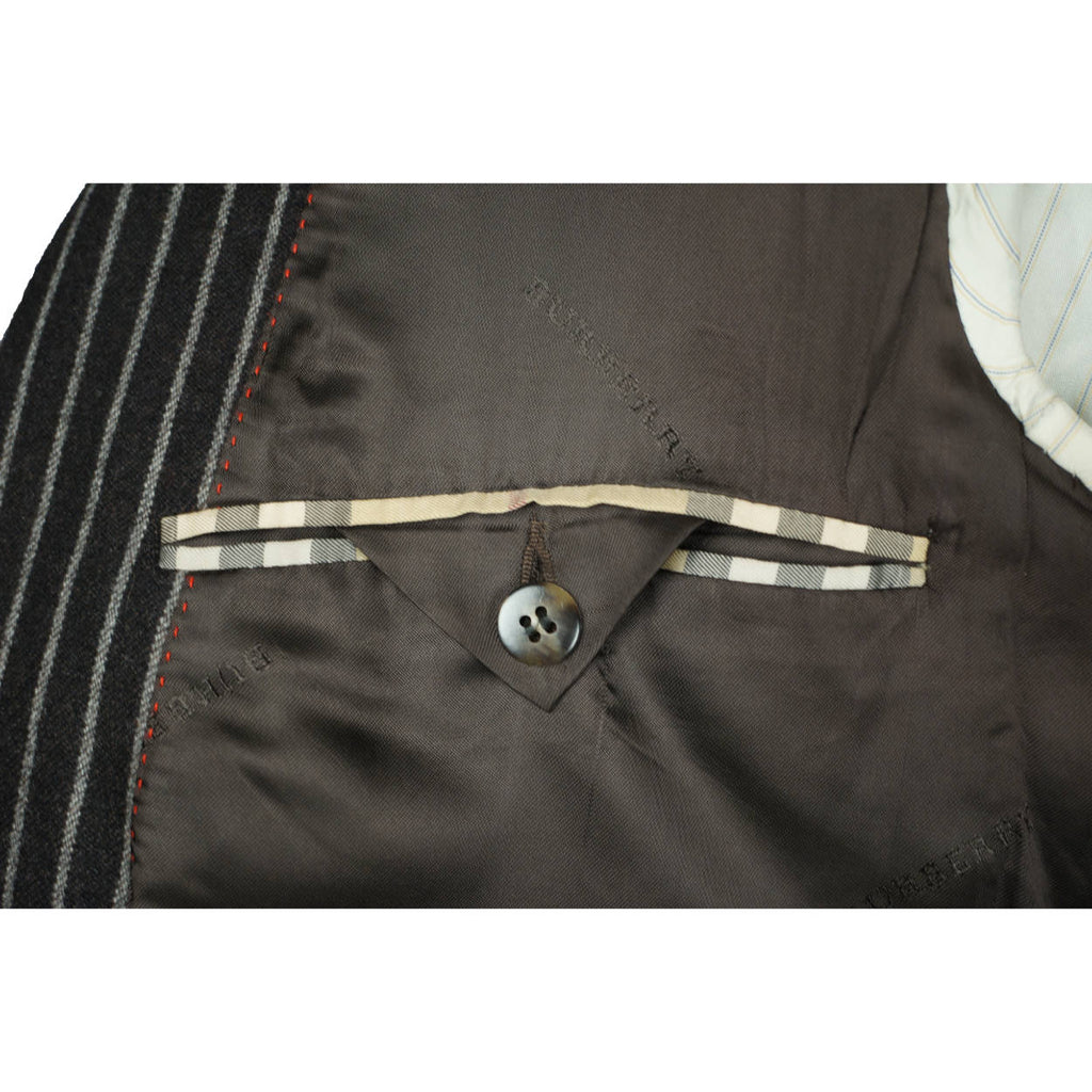 Burberry London Mens Pinstripe Suit Black Wool with Grey Stripes Size 42 Tall - Poppy's Vintage Clothing