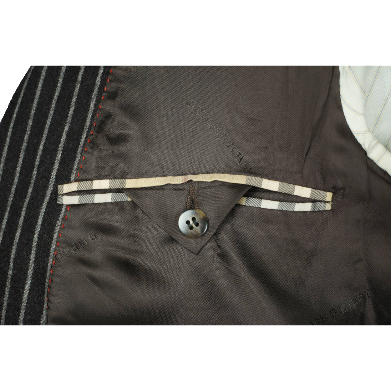 Burberry London Mens Pinstripe Suit Black Wool with Grey Stripes Size 42 Tall - Poppy's Vintage Clothing