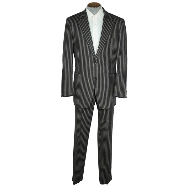 Burberry London Mens Pinstripe Suit Black Wool with Grey Stripes Size 42 Tall - Poppy's Vintage Clothing
