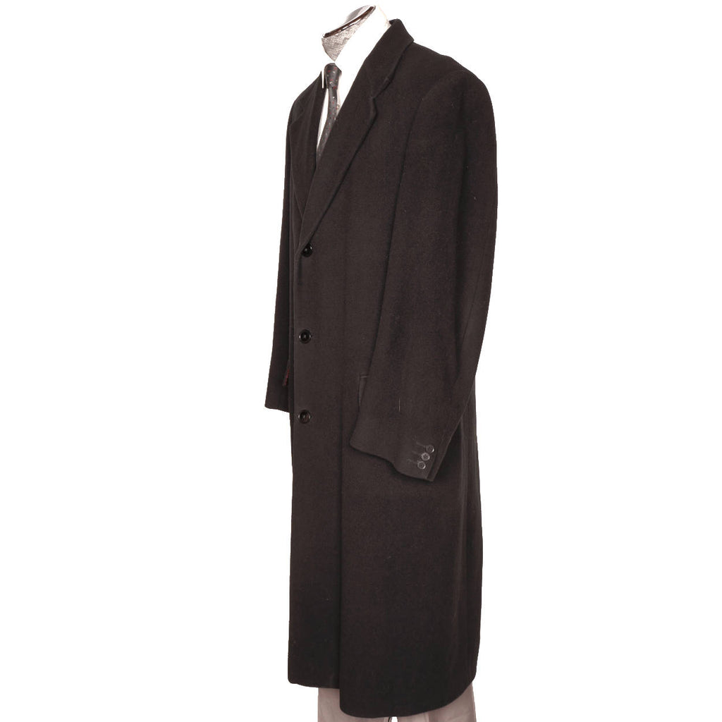 Vintage Mens Cashmere Coat Black Overcoat Hand Tailored Size L - Poppy's Vintage Clothing