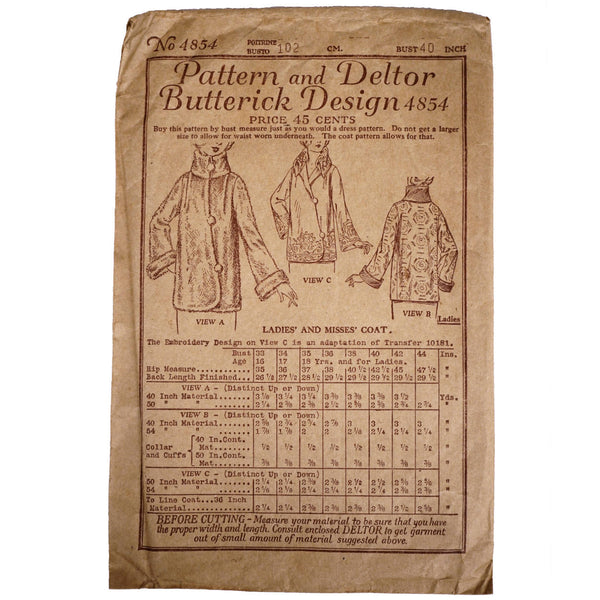 Vintage 1920s Butterick Pattern Ladies Coat 4854 Complete Size 40 Bust - Poppy's Vintage Clothing