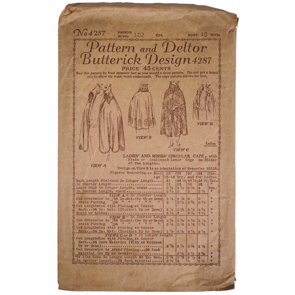 Vintage 1910s Butterick Pattern Ladies Cape 4287 Complete Size 40 Bust - Poppy's Vintage Clothing
