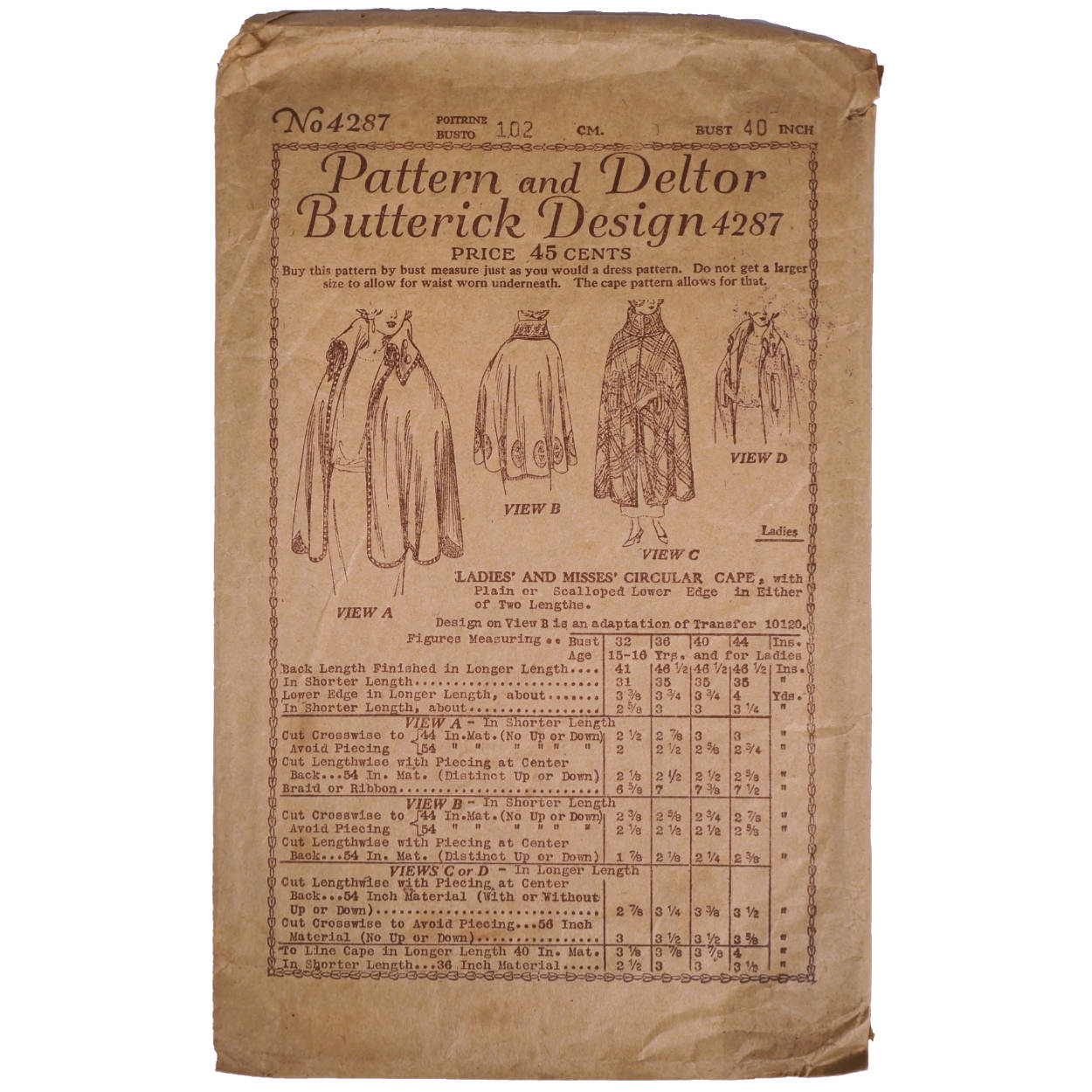 Vintage 1910s Butterick Pattern Ladies Cape 4287 Complete Size 40 Bust - Poppy's Vintage Clothing
